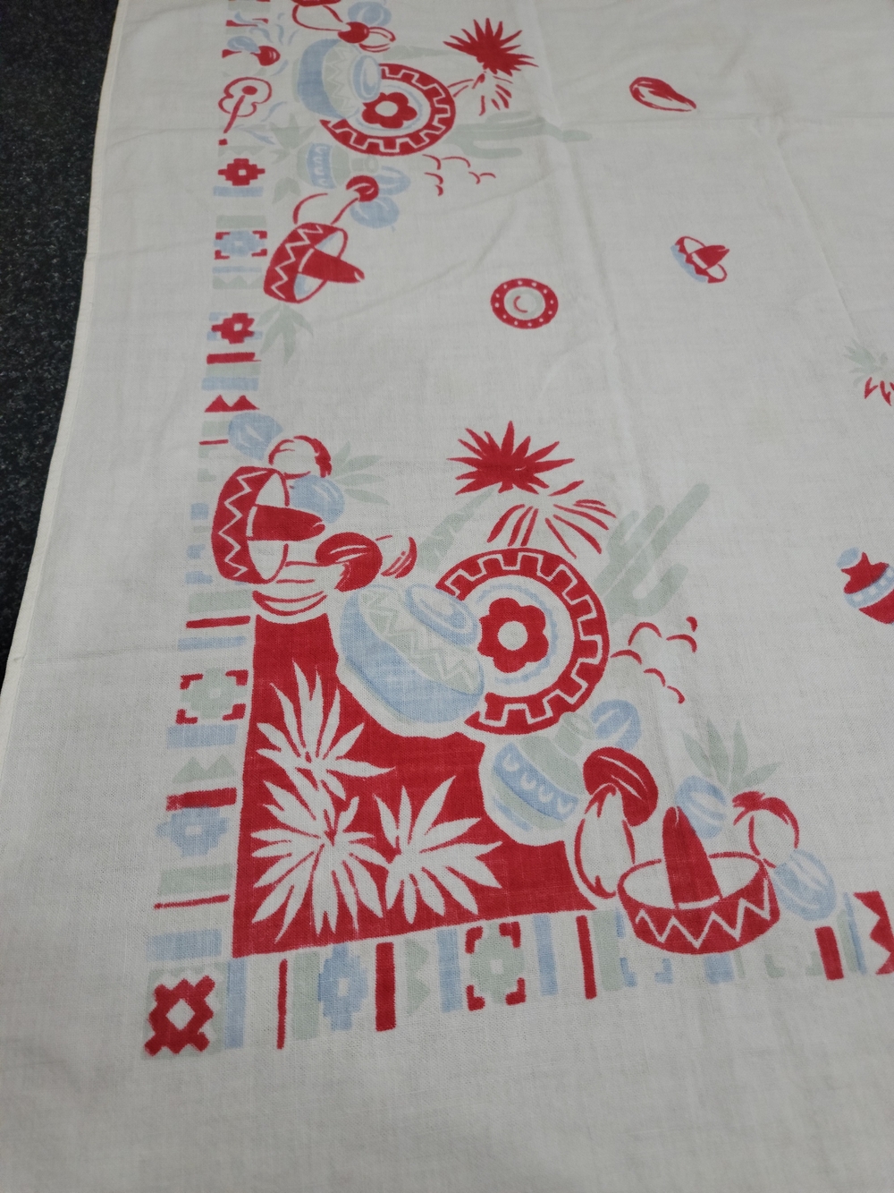 Vintage Rectangular Tablecloth White Red Blue Geometric Mexico Theme